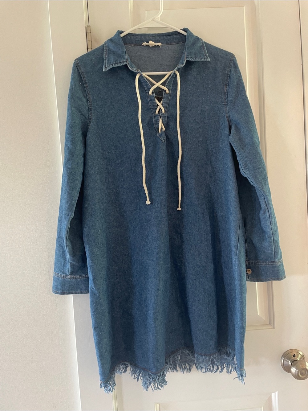entro Denim Top in Medium Blue with Multicolor Nails Detail